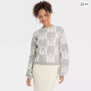 a new day Gray & Cream Checker Bow Crewneck Sweater